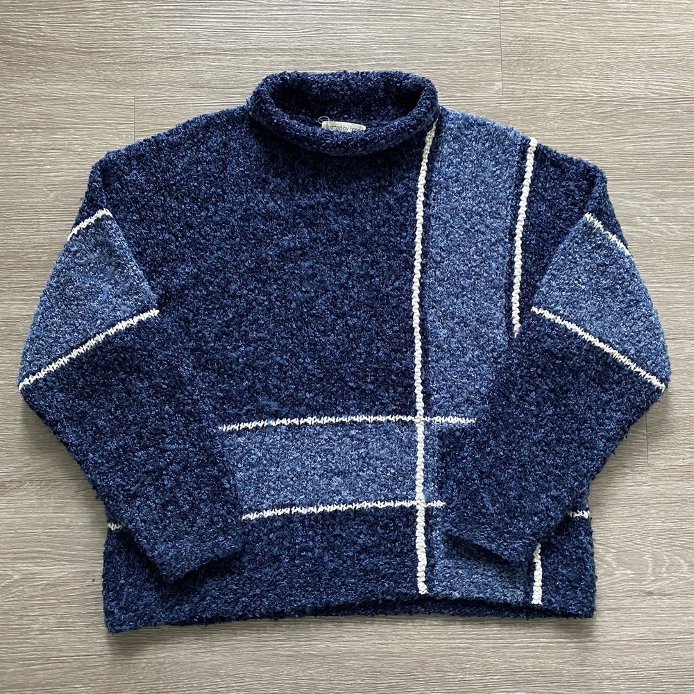Curio Handknit Rollneck Sweater Women's XL Blue Color Block Pullover Grandma